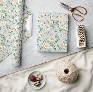 White Daisy Blue Sky Cheerful Floral Wrapping Paper