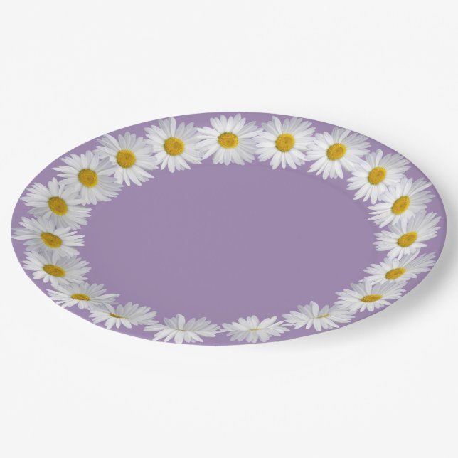 White Daisy Border On Purple Paper Plate (Angled)