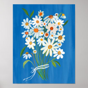 White Daisy Bouquet on Blue Gouache Painting Art Poster