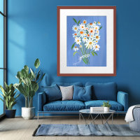 White Daisy Bouquet on Blue Gouache Painting Art