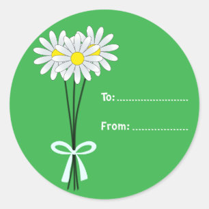 White Daisy Bouquet on Green Round Sticker