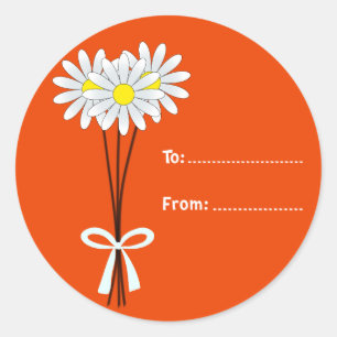 White Daisy Bouquet on Orange Round Sticker