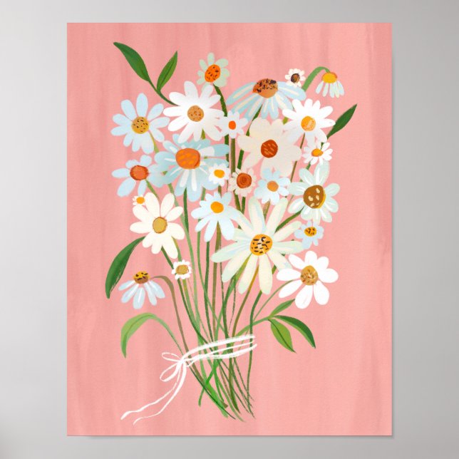 White Daisy Bouquet on Pink Gouache Painting Art Poster (Front)