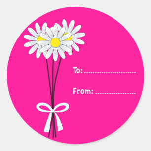 White Daisy Bouquet on Pink Round Sticker