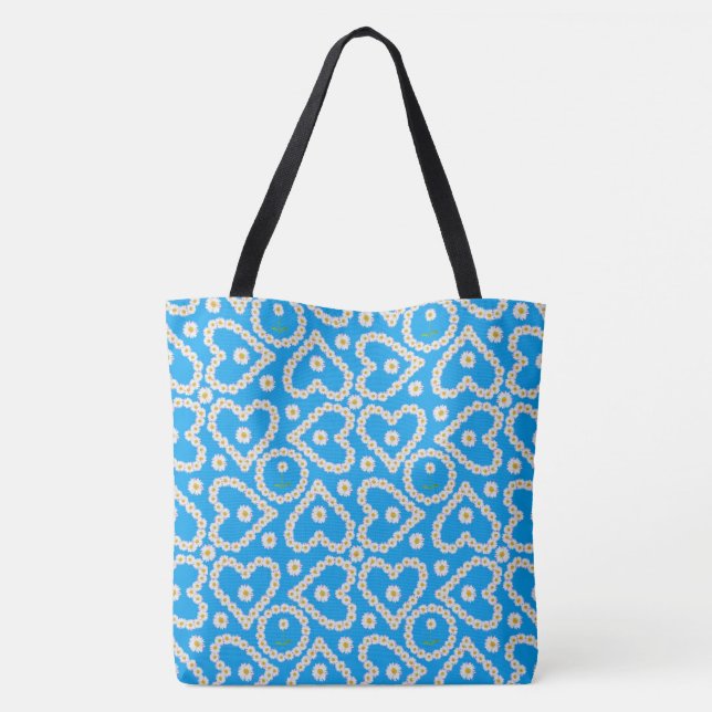 White Daisy Chains Hearts and Circles on Sky Blue Tote Bag (Back)