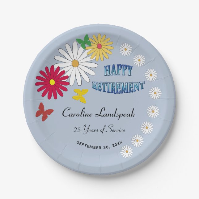 White Daisy & Colourful Butterfly Happy Retirement Paper Plate (Front)