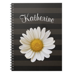 White Daisy Dark Striped Custom Name Notebook