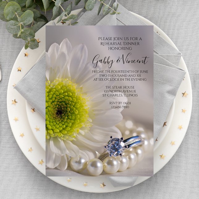 White Daisy Diamond Ring Wedding Rehearsal Dinner Invitation (Creator Uploaded)