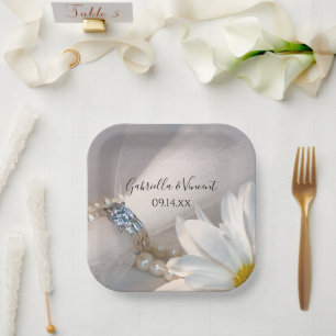 White Daisy Elegance Wedding Paper Plate