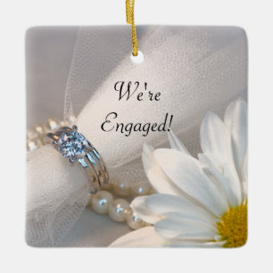 White Daisy Elegance We're Engaged Ceramic Tree Decoration