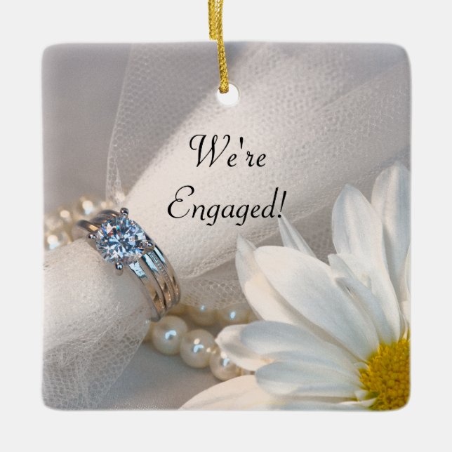 White Daisy Elegance We're Engaged Ceramic Tree Decoration (Front)