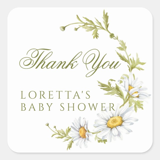 White Daisy Floral Baby Shower Thank You  Square Sticker (Front)