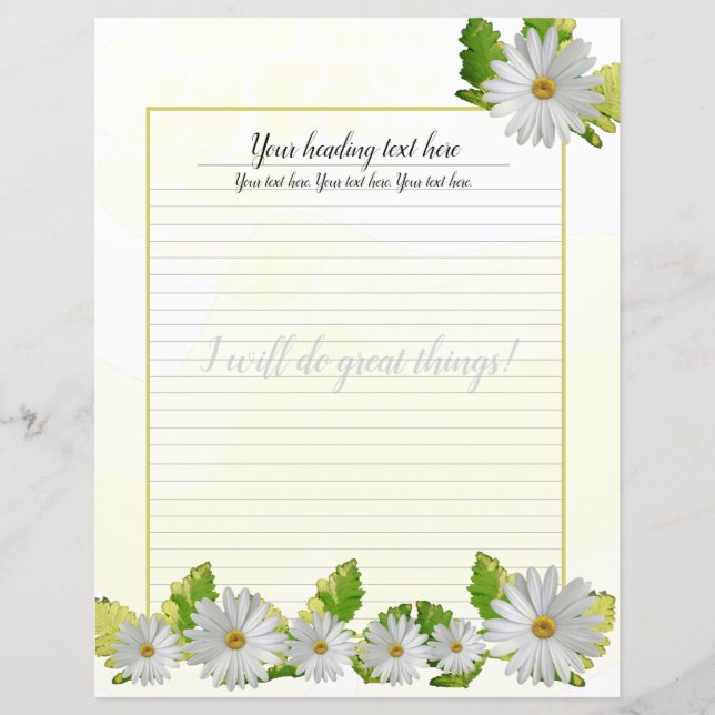 White Daisy Floral Lined Writing Paper (Front)