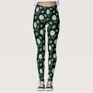 White daisy floral on black background leggings