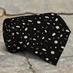 White Daisy Floral On Black Background Tie