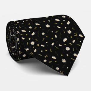 White Daisy Floral On Black Background Tie