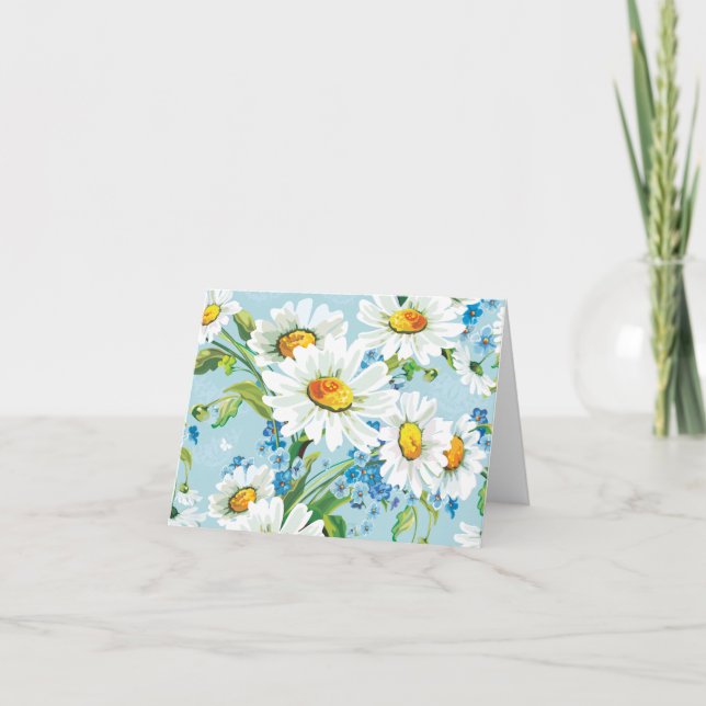 White Daisy Floral Pattern Blue Note Card (Front)