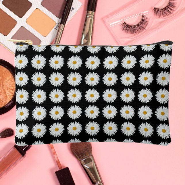 White Daisy Floral Pattern on Black Accessory Pouch (In Situ)