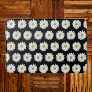 White Daisy Floral Pattern on Black Bath Mat