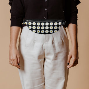 White Daisy Floral Pattern on Black Bum Bags