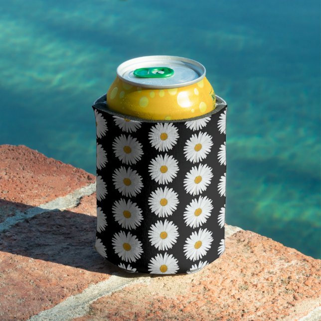 White Daisy Floral Pattern on Black Can Cooler (In Situ Pool)