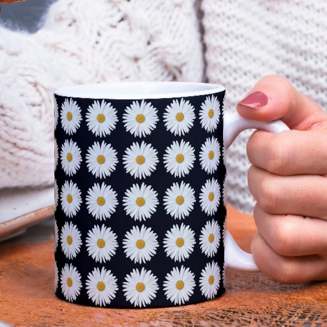 White Daisy Floral Pattern on Black Coffee Mug (In Situ)