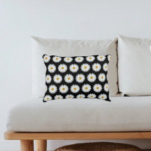 White Daisy Floral Pattern on Black Decorative Cushion