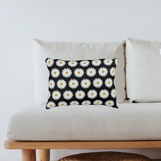 White Daisy Floral Pattern on Black Decorative Cushion (In Situ Sofa)