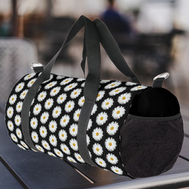 White Daisy Floral Pattern on Black Duffle Bag (Creator Uploaded)