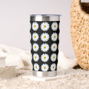 White Daisy Floral Pattern on Black Insulated Tumbler
