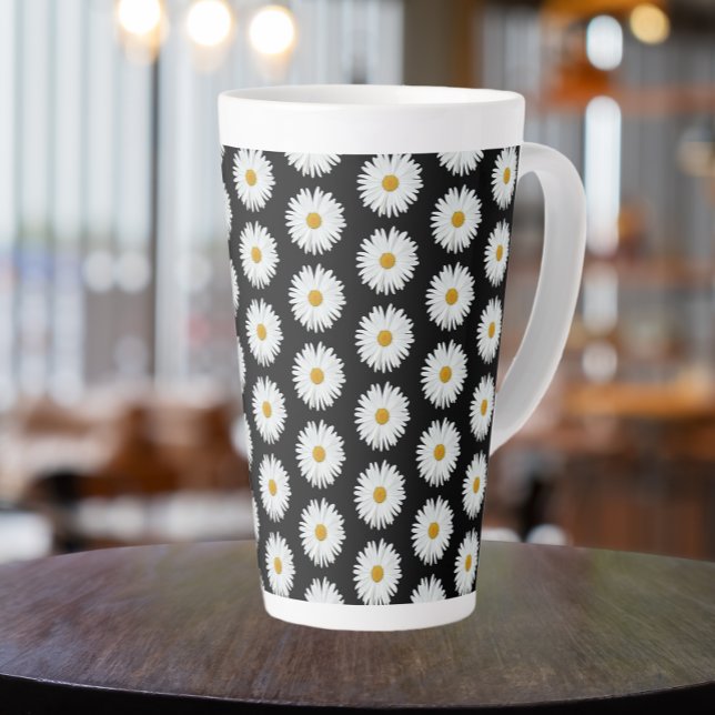 White Daisy Floral Pattern on Black Latte Mug (In Situ)