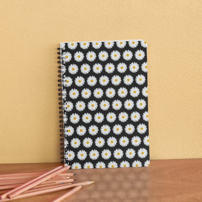 White Daisy Floral Pattern on Black Notebook (In Situ)