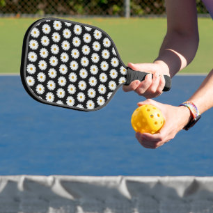 White Daisy Floral Pattern on Black Pickleball Paddle