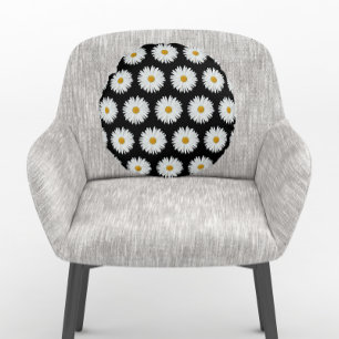 White Daisy Floral Pattern on Black Round Cushion