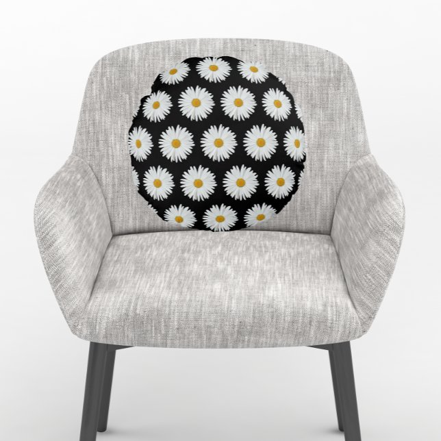 White Daisy Floral Pattern on Black Round Cushion (In Situ Round)
