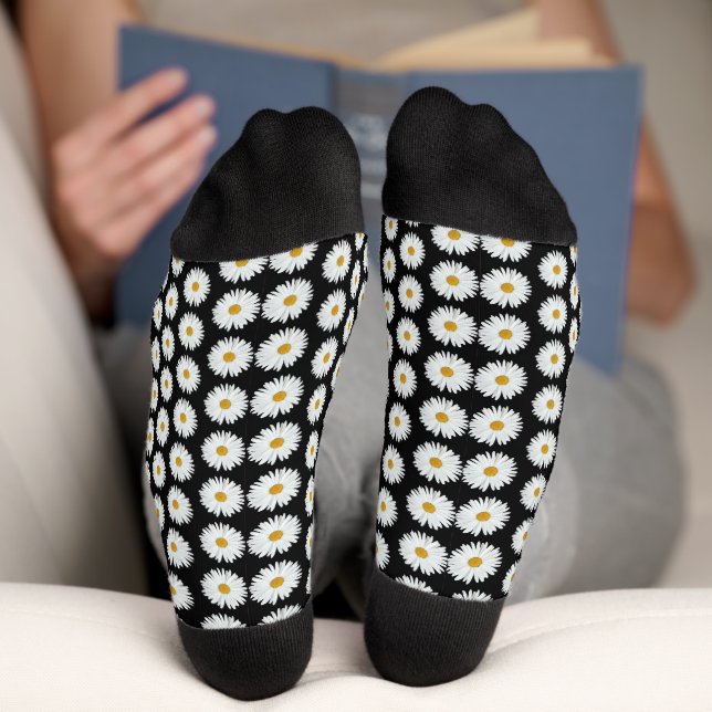 White Daisy Floral Pattern on Black Socks (Bottom)