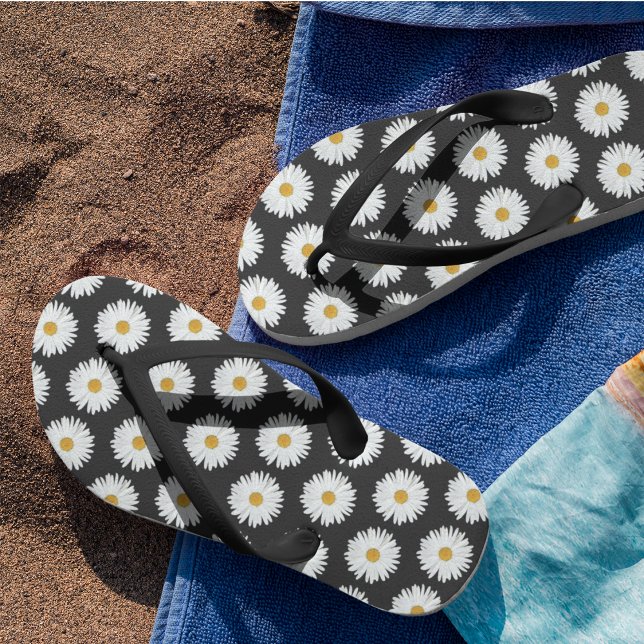 White Daisy Floral Pattern on Black Thongs (In Situ)
