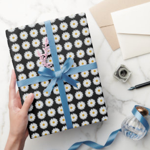 White Daisy Floral Pattern on Black Wrapping Paper