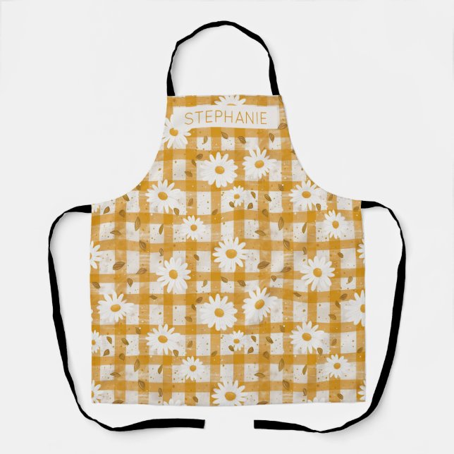 White Daisy Floral Pattern on Yellow Gingham (2) Apron (Front)