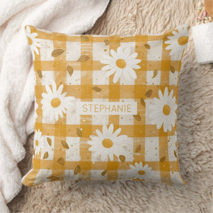 White Daisy Floral Pattern on Yellow Gingham (2) Cushion