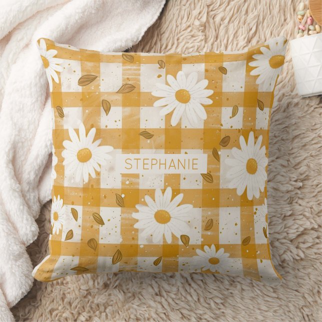 White Daisy Floral Pattern on Yellow Gingham (2) Cushion (Blanket)