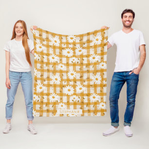 White Daisy Floral Pattern on Yellow Gingham (2) Fleece Blanket