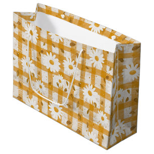 White Daisy Floral Pattern on Yellow Gingham (2) Large Gift Bag