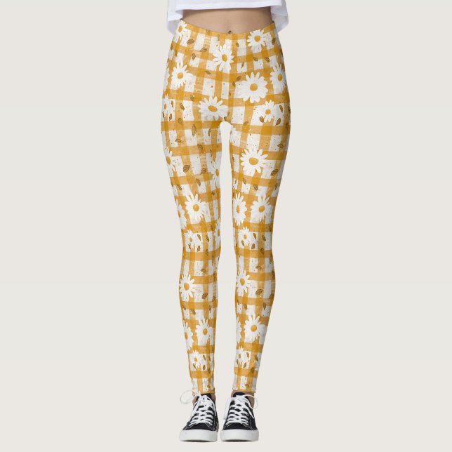 White Daisy Floral Pattern on Yellow Gingham (2) Leggings (Front)