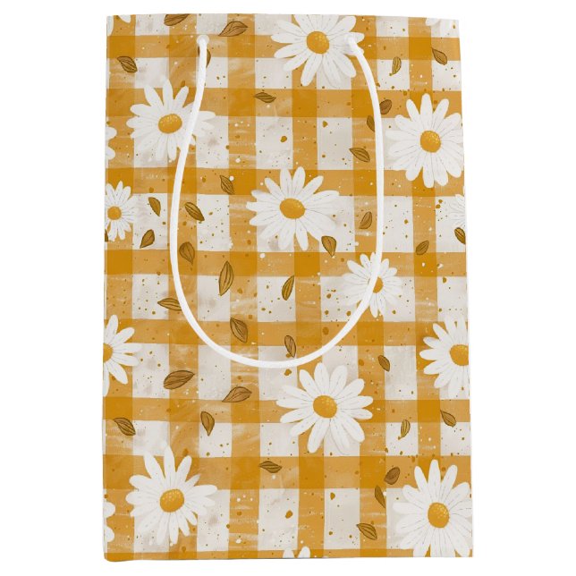 White Daisy Floral Pattern on Yellow Gingham (2) Medium Gift Bag (Front)