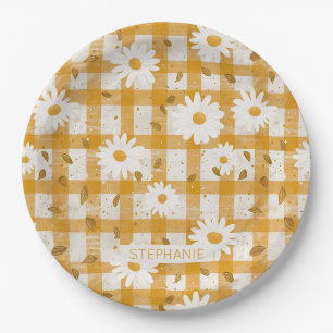 White Daisy Floral Pattern on Yellow Gingham (2) Paper Plate