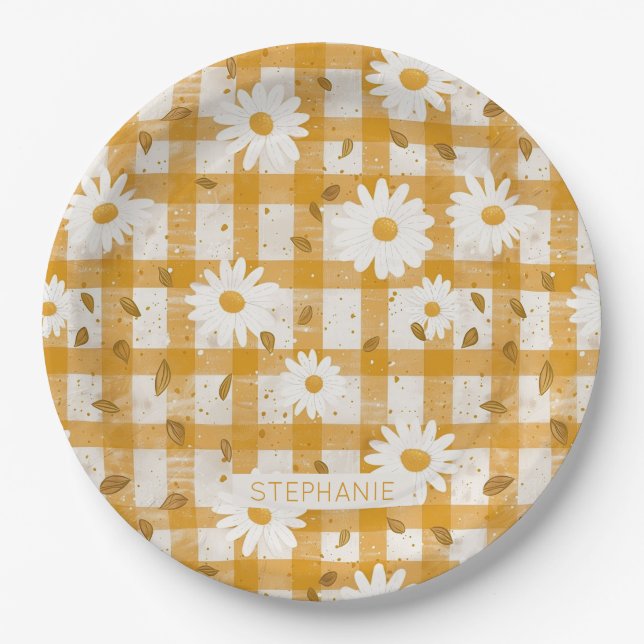 White Daisy Floral Pattern on Yellow Gingham (2) Paper Plate (Front)