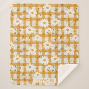 White Daisy Floral Pattern on Yellow Gingham (2) Sherpa Blanket