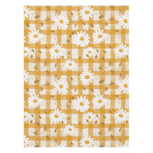 White Daisy Floral Pattern on Yellow Gingham (2) Tablecloth