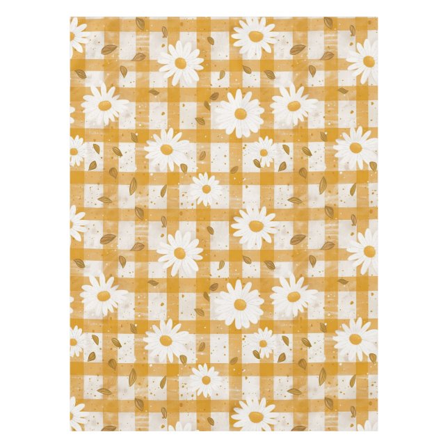 White Daisy Floral Pattern on Yellow Gingham (2) Tablecloth (Front)